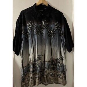 PIERRE CARDIN XL Multicolor S/S Button-up Hawaiian Palm Tree Black& Blue Print